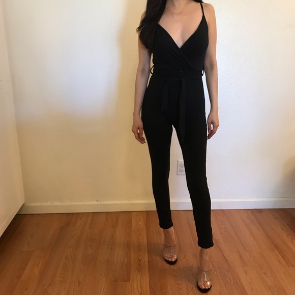 Pants - Kourt Black Surplice Tie Waist Jumpsuit
